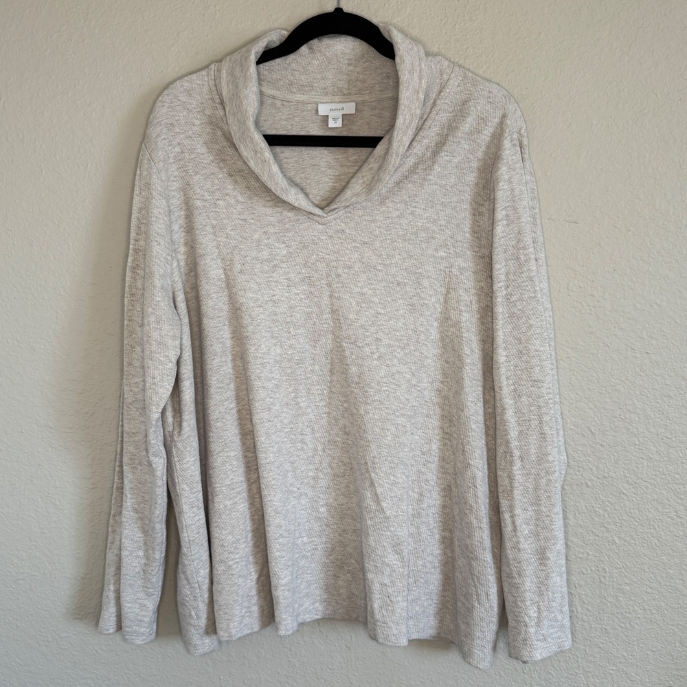 Pure Jill 2X Beige Heathered Shawl Neck Knit Pullover Sweater Cozy Modest‎